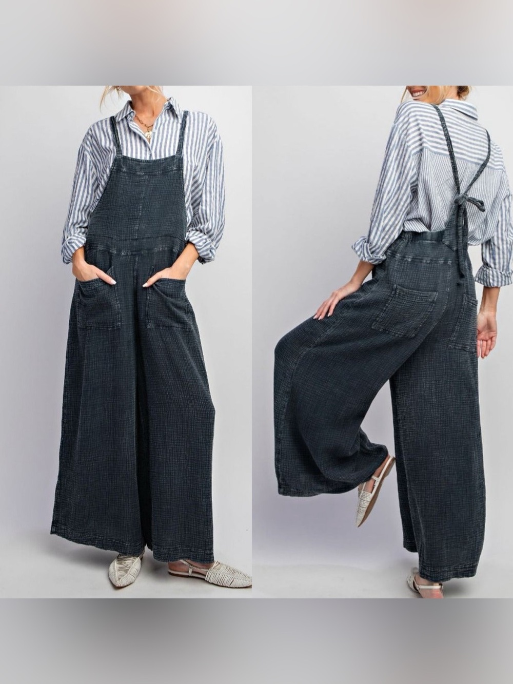Easel Gray Washed Cotton Overall Jumpsuit Wideleg Backtie M Medium